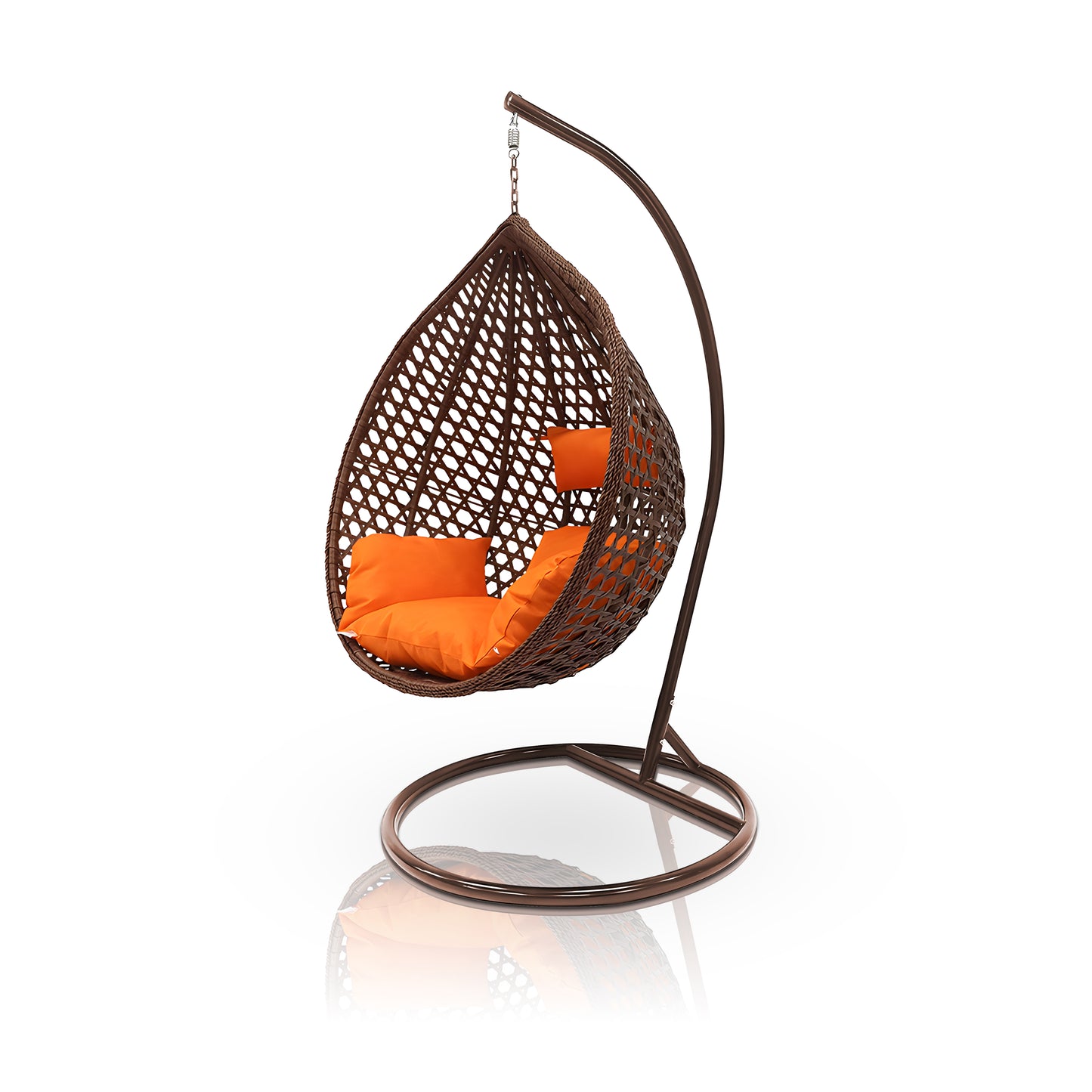 The Landmark Decor Moroccan Outdoor Swing Chair - Brown features a luxurious brown wicker design, an orange cushion, and two pillows. Suspended from a curved metal stand on a circular base, it perfectly blends elegance with comfort against a white backdrop.