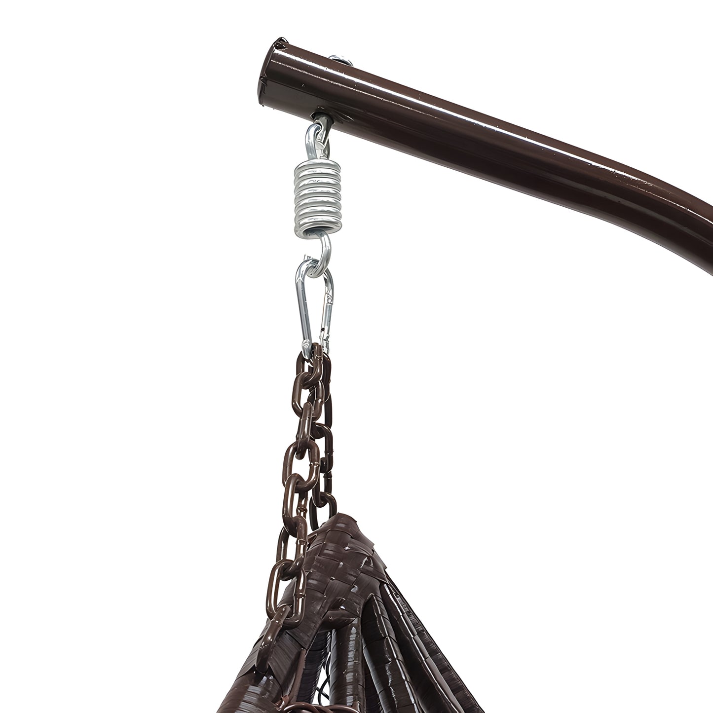 Detailed view showcasing the hanging mechanism of the Landmark Decor Soho Outdoor Swing Chair in black. A spring links to a brown metal chain, attaching the chair securely to its frame. Ideal for indoor and outdoor leisure, all set against a clean white backdrop.