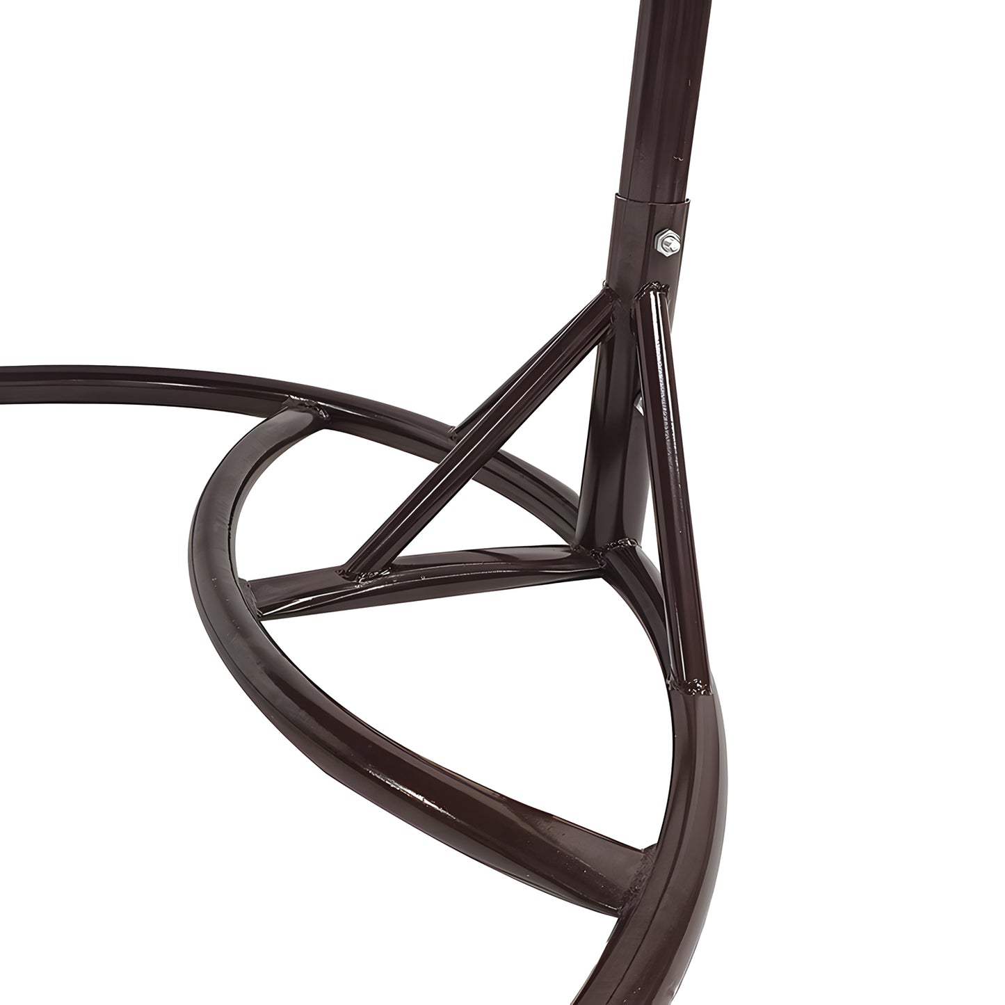 Close-up of the Soho Outdoor Swing Chair by Landmark Decor, featuring a metal frame with circular base and vertical pole, accented by angular joints. The luxury chairs glossy black metallic finish enhances its sophisticated allure.