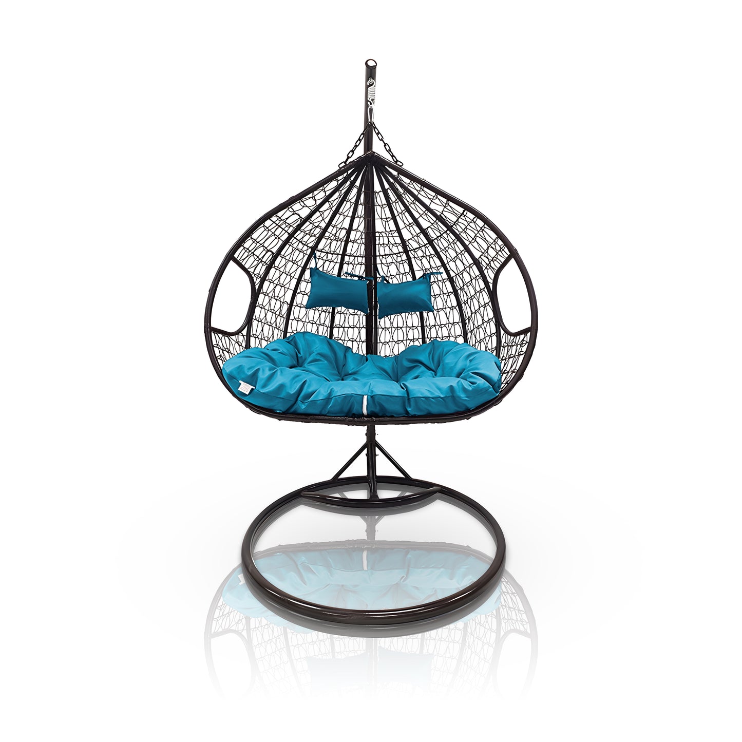 Unwind in the Landmark Decor Soho Outdoor Swing Chair - Black, boasting a durable black woven frame and vibrant blue cushions. Designed with a spacious round seat cushion and rectangular back pillow for comfort, this suspended chair on a sturdy metal stand enhances any indoor or outdoor space.