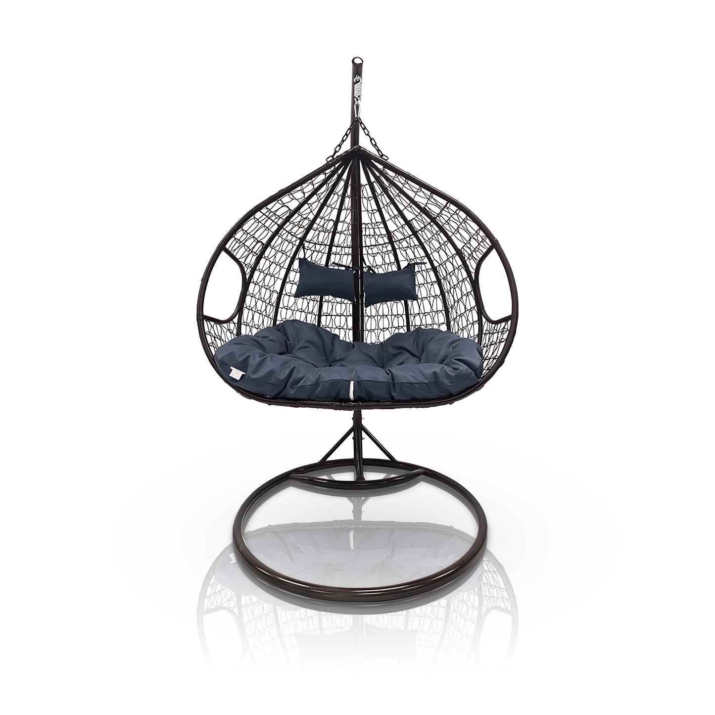The Soho Outdoor Swing Chair by Landmark Decor is a luxurious black wicker teardrop-shaped chair with blue-gray cushions. It hangs from a sturdy metal stand with a circular base and reflects beautifully on any glossy white surface, making it perfect for indoor or outdoor relaxation.