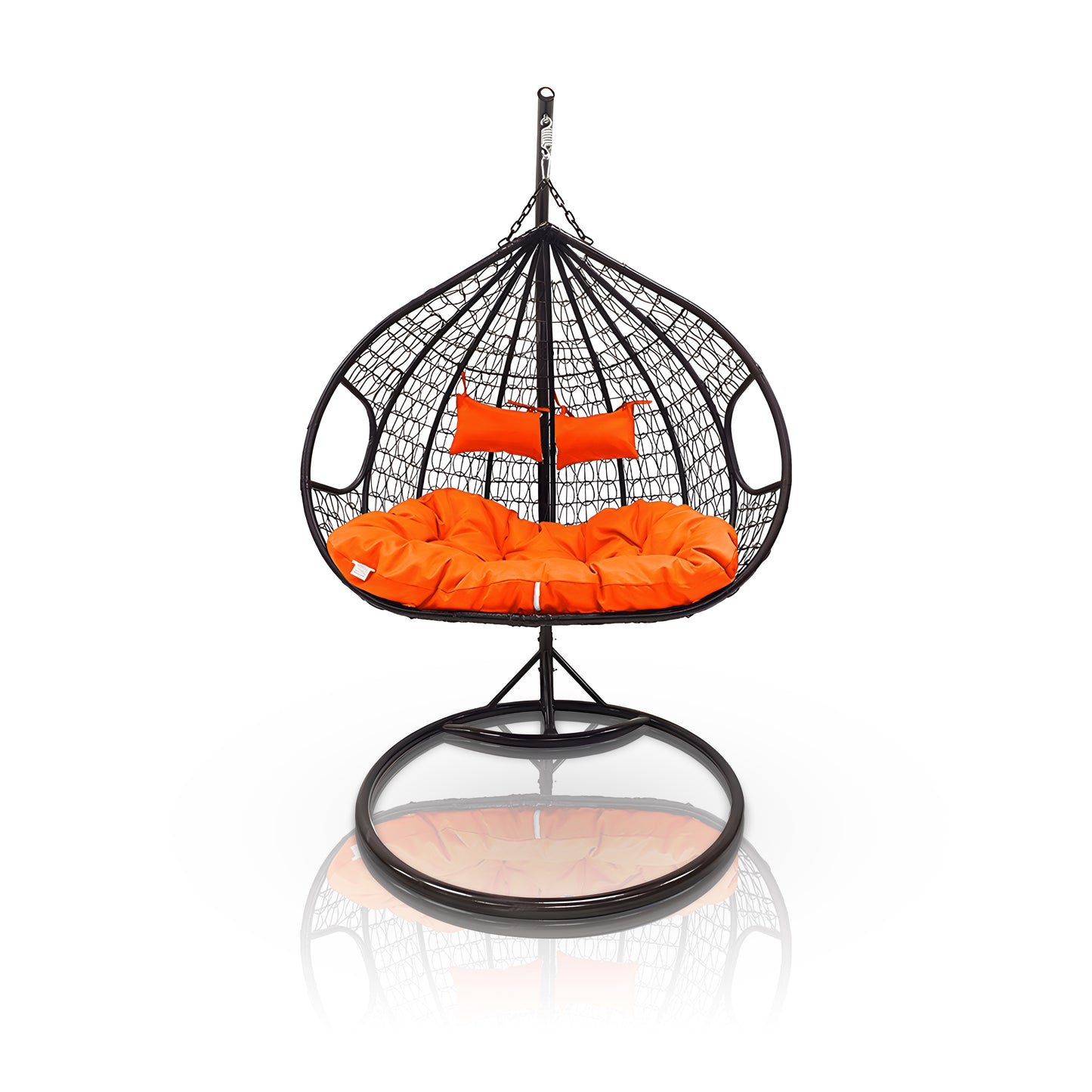 The Landmark Decor Soho Outdoor Swing Chair - Black features a black woven frame with bright orange cushions, including two pillows. Ideal for indoor or outdoor spaces, its supported by a robust metal stand and beautifully reflected on a white surface.