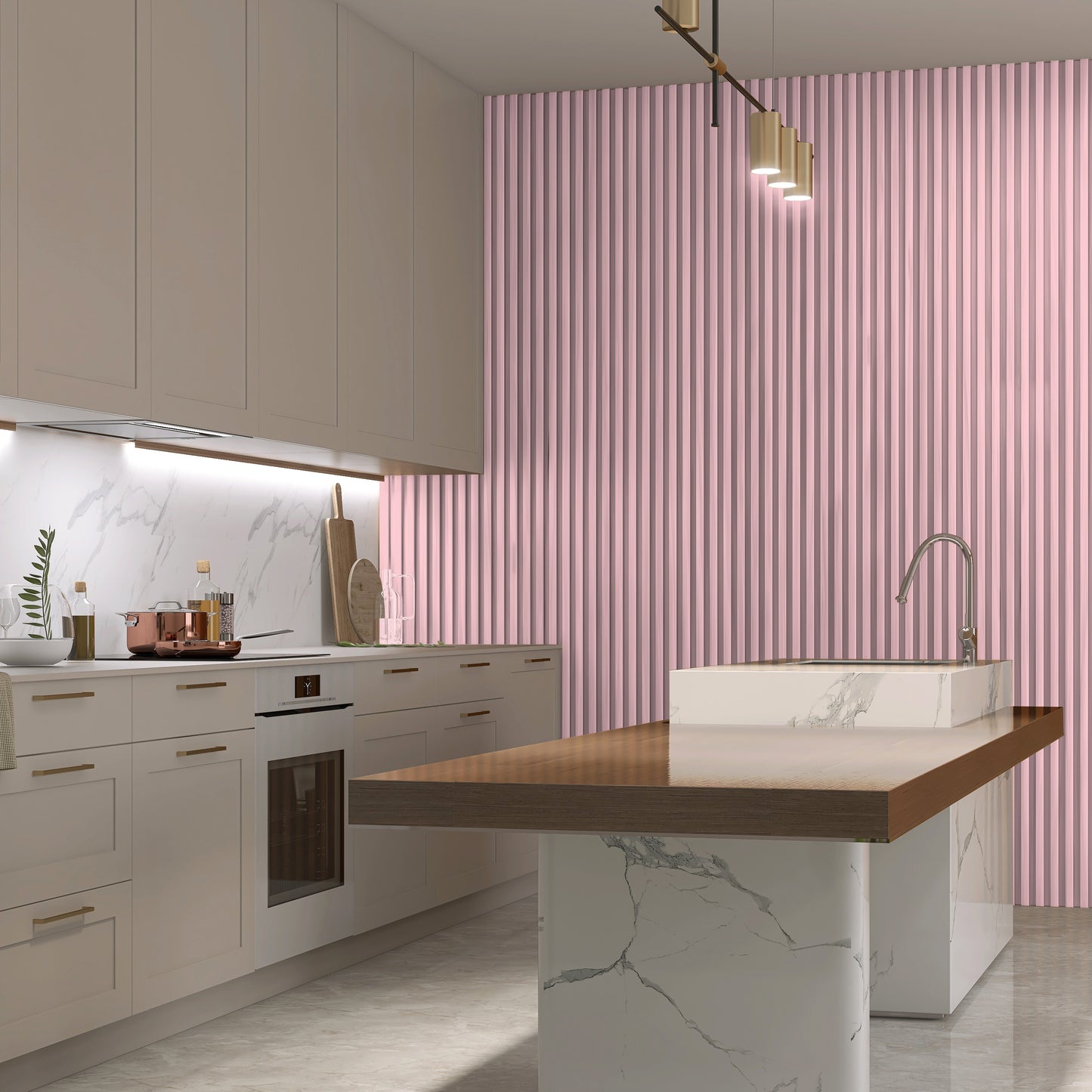 Modern kitchen with white cabinets, marble countertops, a wood-topped island, and a Landmark Decor Pink WPC Fluted Slat Wall Panel accent under contemporary pendant lighting.