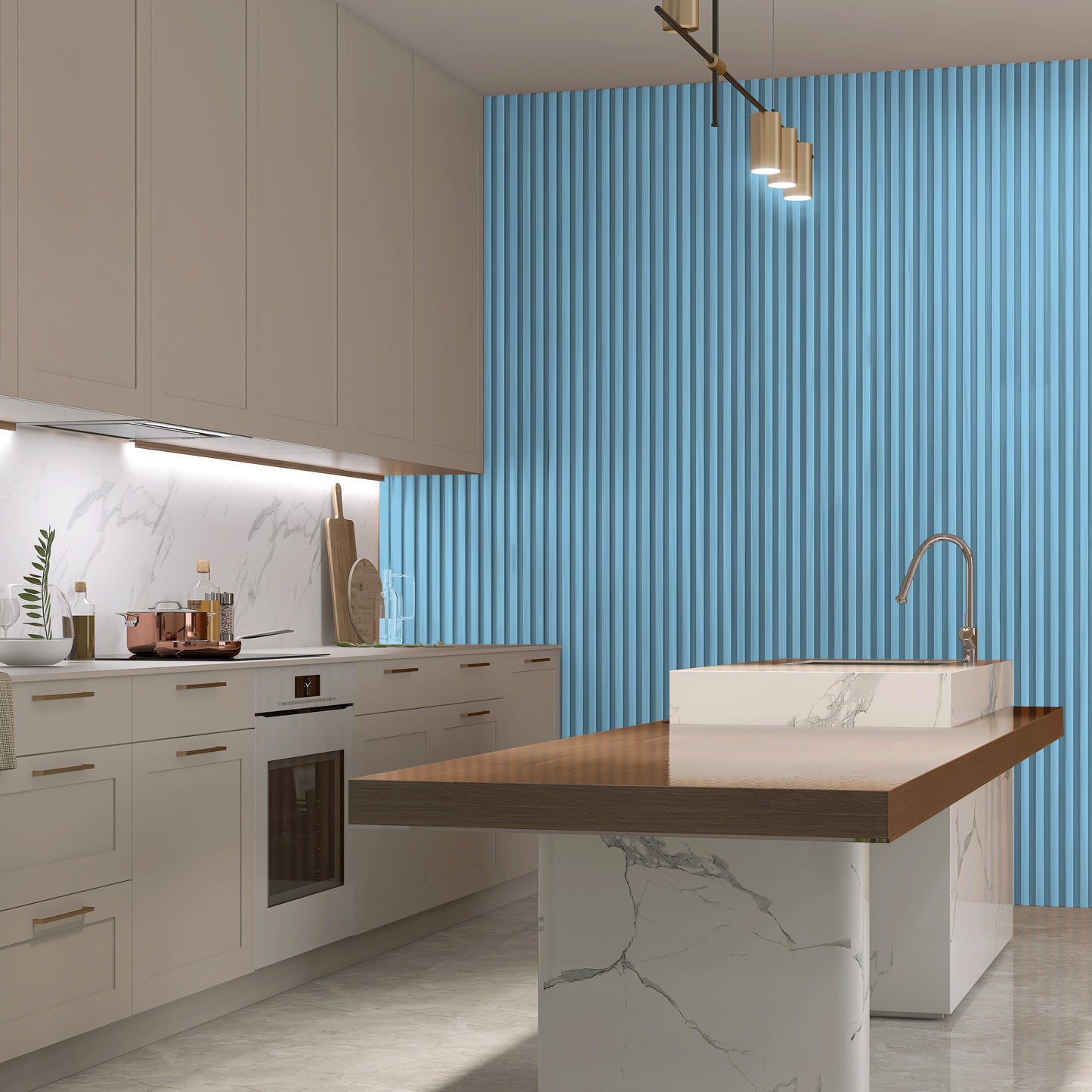 Modern kitchen with white cabinets, a marble island, wood countertop, and Landmark Decor's Sky Blue WPC Fluted Slat Wall Panel as a striking accent wall. Gold pendant lights add elegance above the island.