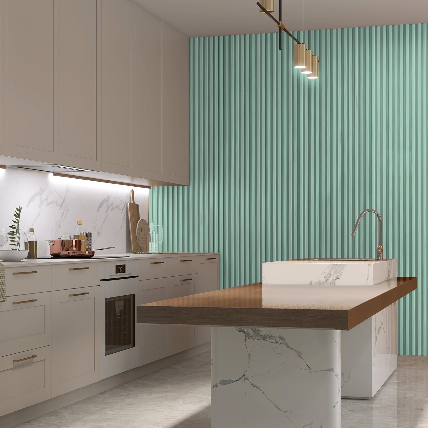 Modern kitchen with white cabinets, marble countertops, wooden island, and a mint green accent wall featuring Landmark Decor’s Mint Green WPC Fluted Slat Wall Panel.