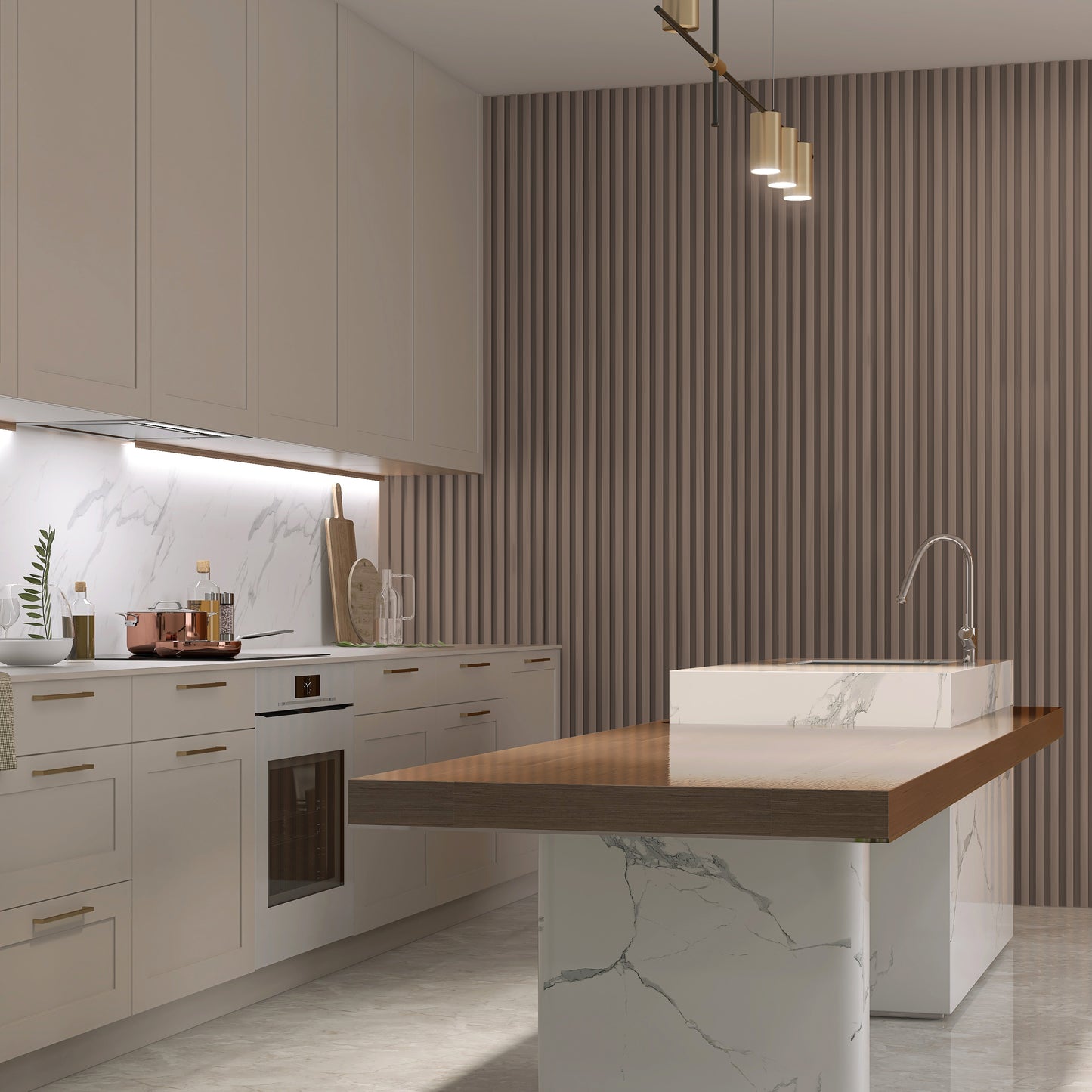 Modern kitchen with white cabinets, marble countertops, a built-in oven, and a wooden island dining extension, highlighted by Landmark Decor Taupe WPC Fluted Slat Wall Panels as accent walls and complemented by minimal pendant lighting.
