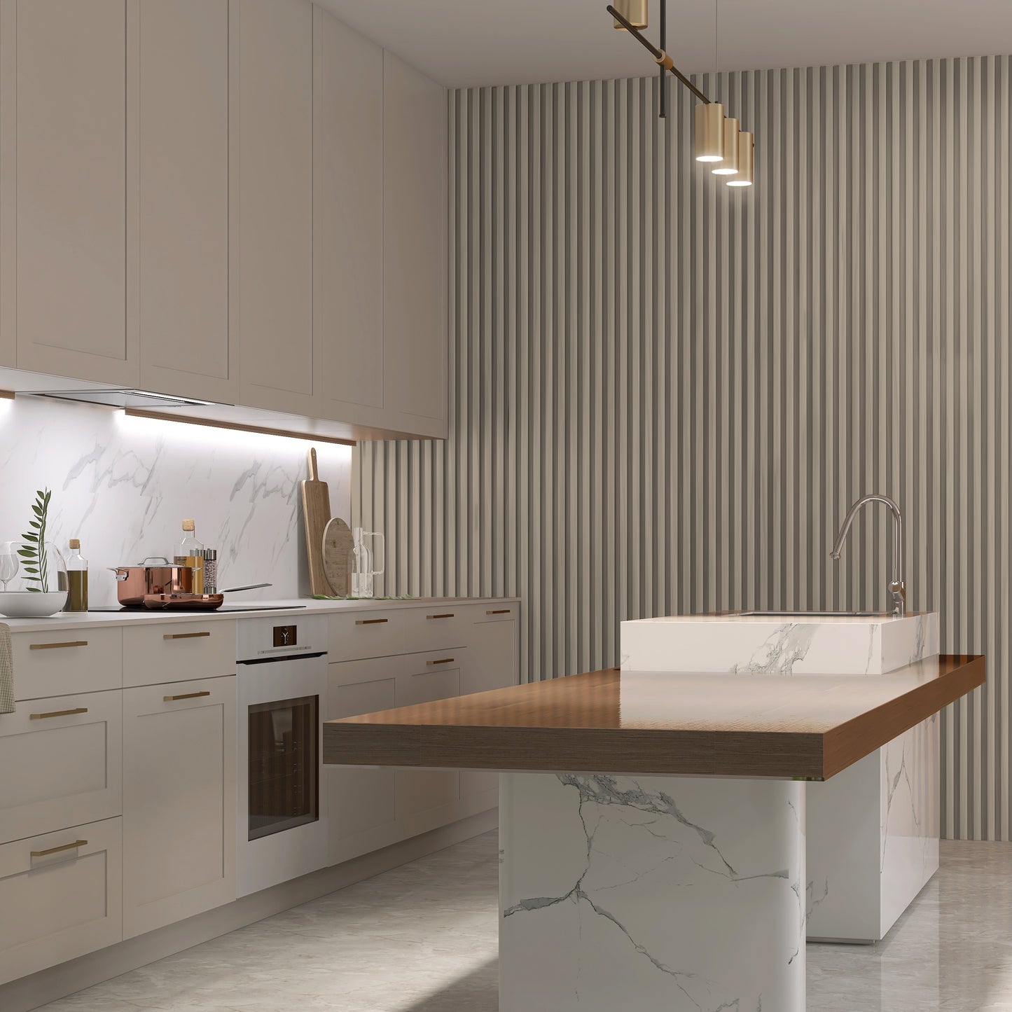 Modern kitchen with white cabinets, marble countertops, wood-trimmed island, built-in oven, and a Landmark Decor Light Gray WPC Fluted Slat Wall Panel creating a vertical accent beneath stylish pendant lighting.