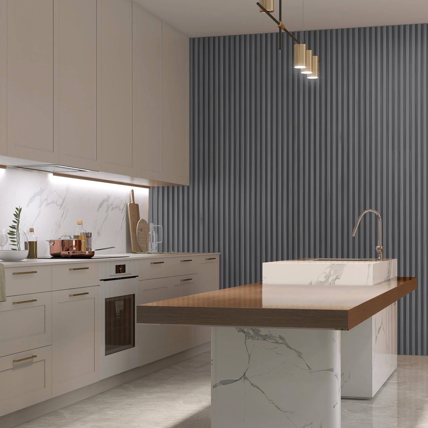 Modern kitchen with white cabinets, marble countertops, a wood-topped island, under-cabinet lighting, and an eye-catching accent wall featuring Landmark Decor's Space Gray WPC Fluted Slat Wall Panel.