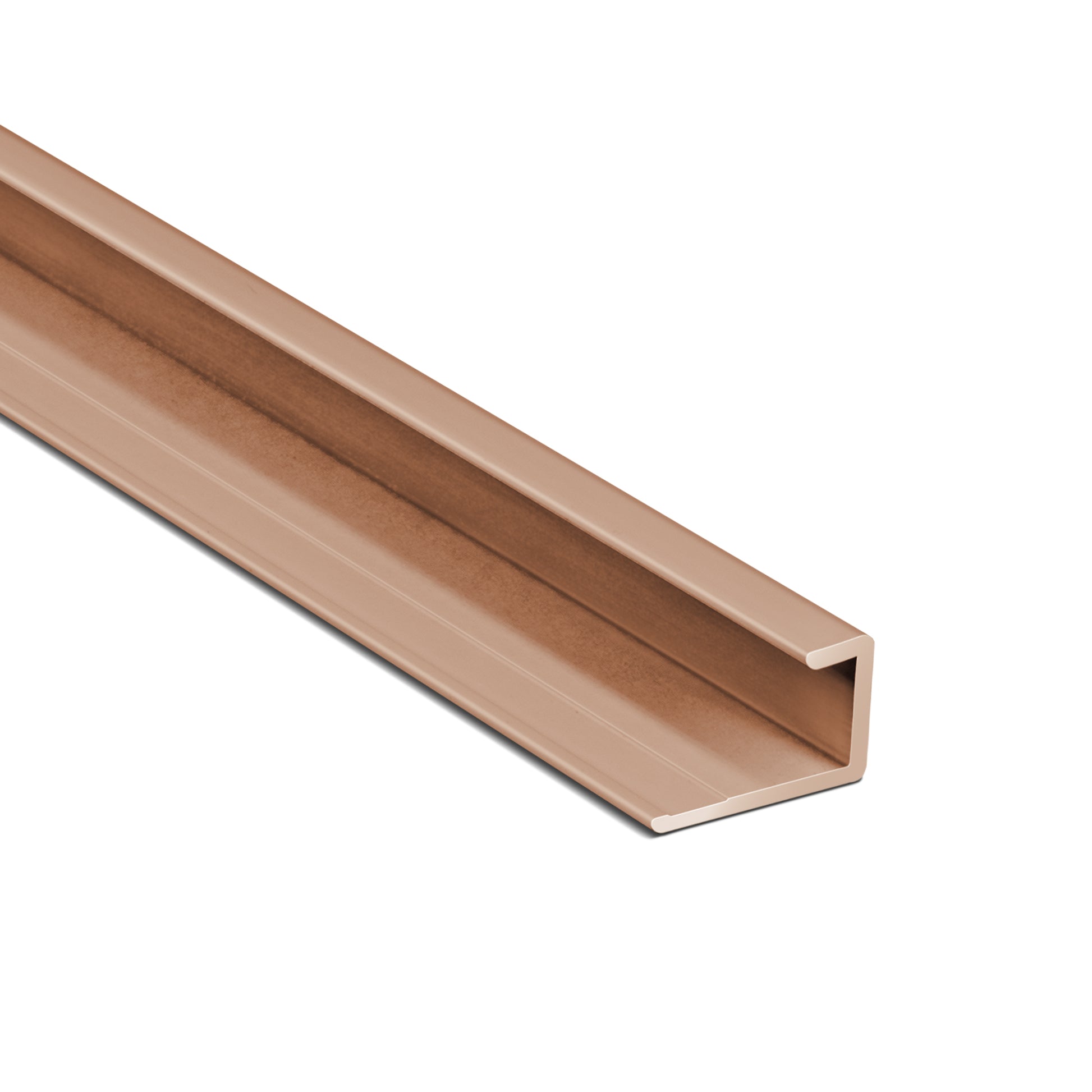 A Landmark Decor Carbon Sheet Aluminum End Corner is displayed at an angle on a white background, showcasing its brown, U-shaped metal profile designed for wall panel installation. Perfect for creating a modern finish, this end corner pairs seamlessly with Carbon Sheet Aluminum Trims.