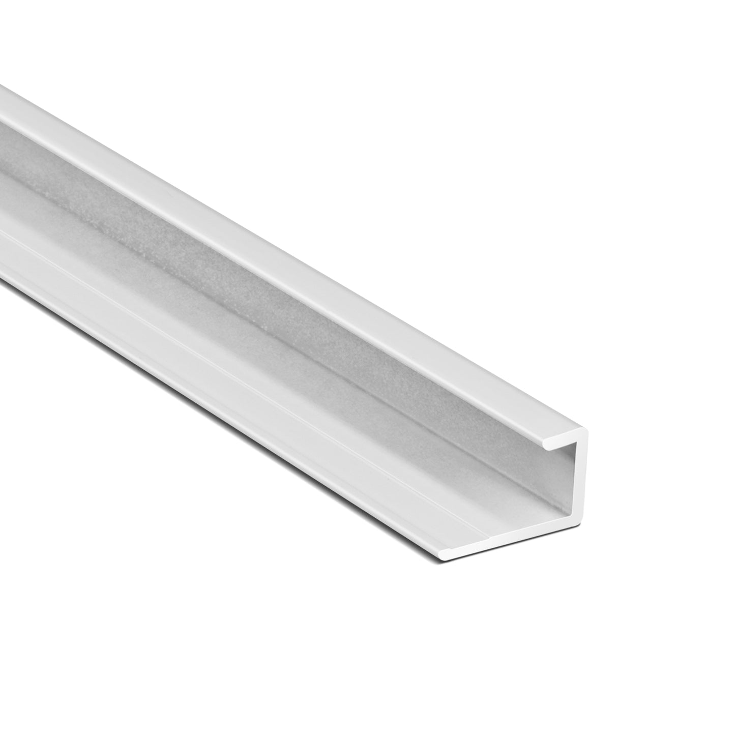 A Landmark Decor Carbon Sheet Aluminum End Corner is displayed on a white background at an angle, highlighting its channel shape and length. This modern profile is ideal for wall panel installations, offering both sleek aesthetics and practical functionality.