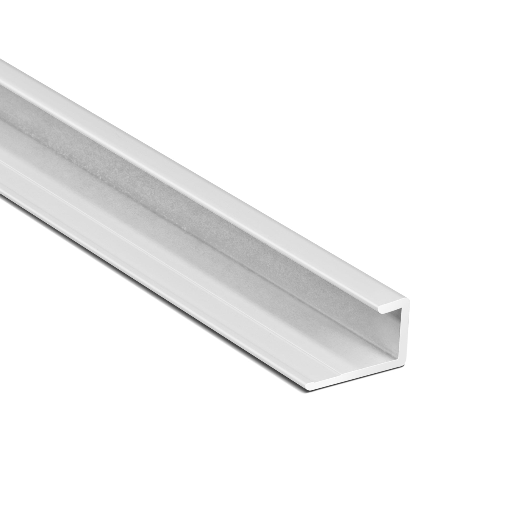 A Landmark Decor Carbon Sheet Aluminum End Corner is displayed on a white background at an angle, highlighting its channel shape and length. This modern profile is ideal for wall panel installations, offering both sleek aesthetics and practical functionality.