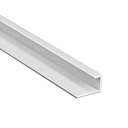 A Landmark Decor Carbon Sheet Aluminum End Corner is displayed on a white background at an angle, highlighting its channel shape and length. This modern profile is ideal for wall panel installations, offering both sleek aesthetics and practical functionality.