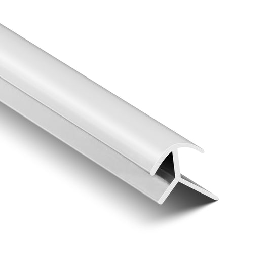 A Landmark Decor Carbon Sheet Aluminum Outer Corner, featuring a white finish and T-shaped profile, is displayed on a white background and photographed at an angle to showcase its contour.