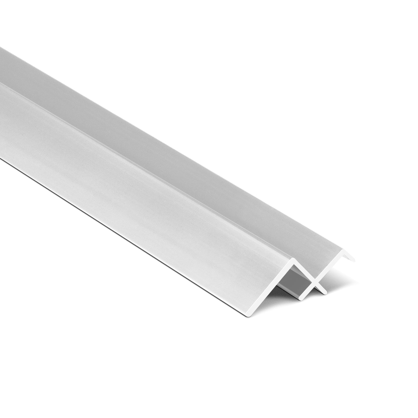A silver-colored, V-shaped metal strip with a double-sided ridge, branded as Landmark Decor Carbon Sheet Aluminum Inner Corner, designed for wall panel installation, photographed on a white background.