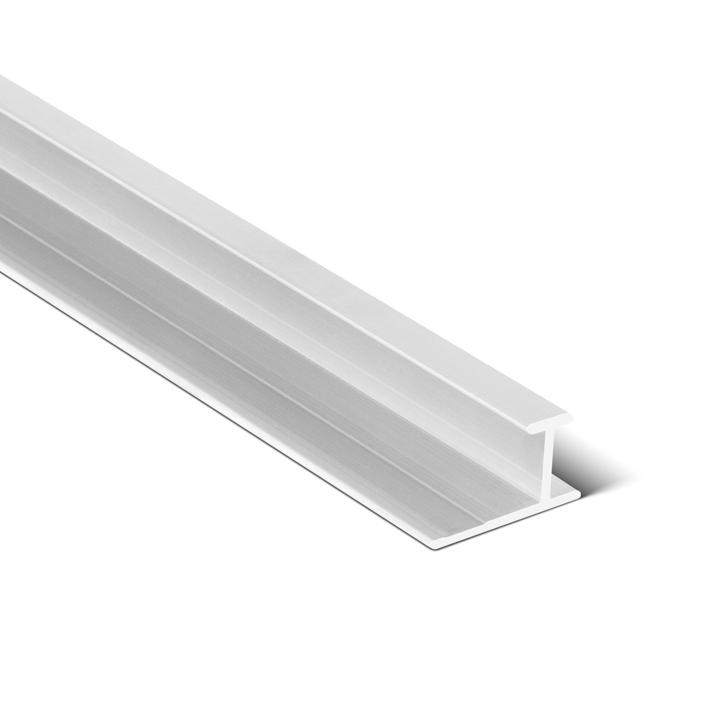 A silver Landmark Decor Carbon Sheet Aluminum Middle Corner is displayed at an angle against a white background, showcasing its sleek, modern finish—ideal for wall panel installation or coordinating with Carbon Sheet Aluminum Trims.