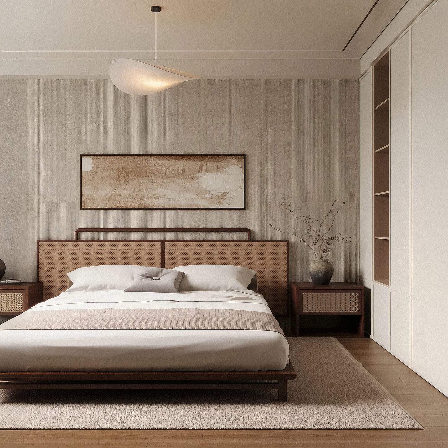 Minimalist bedroom with a double bed, light bedding, two side tables with vases, a large abstract artwork above the bed, and built-in shelving on the right accented by Landmark Decor’s Cut Stone Sheet - Beige for subtle texture.