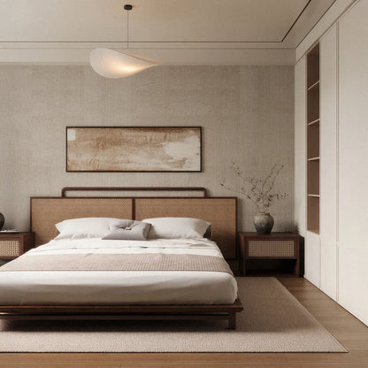 Minimalist bedroom with a double bed, light bedding, two side tables with vases, a large abstract artwork above the bed, and built-in shelving on the right accented by Landmark Decor’s Cut Stone Sheet - Beige for subtle texture.