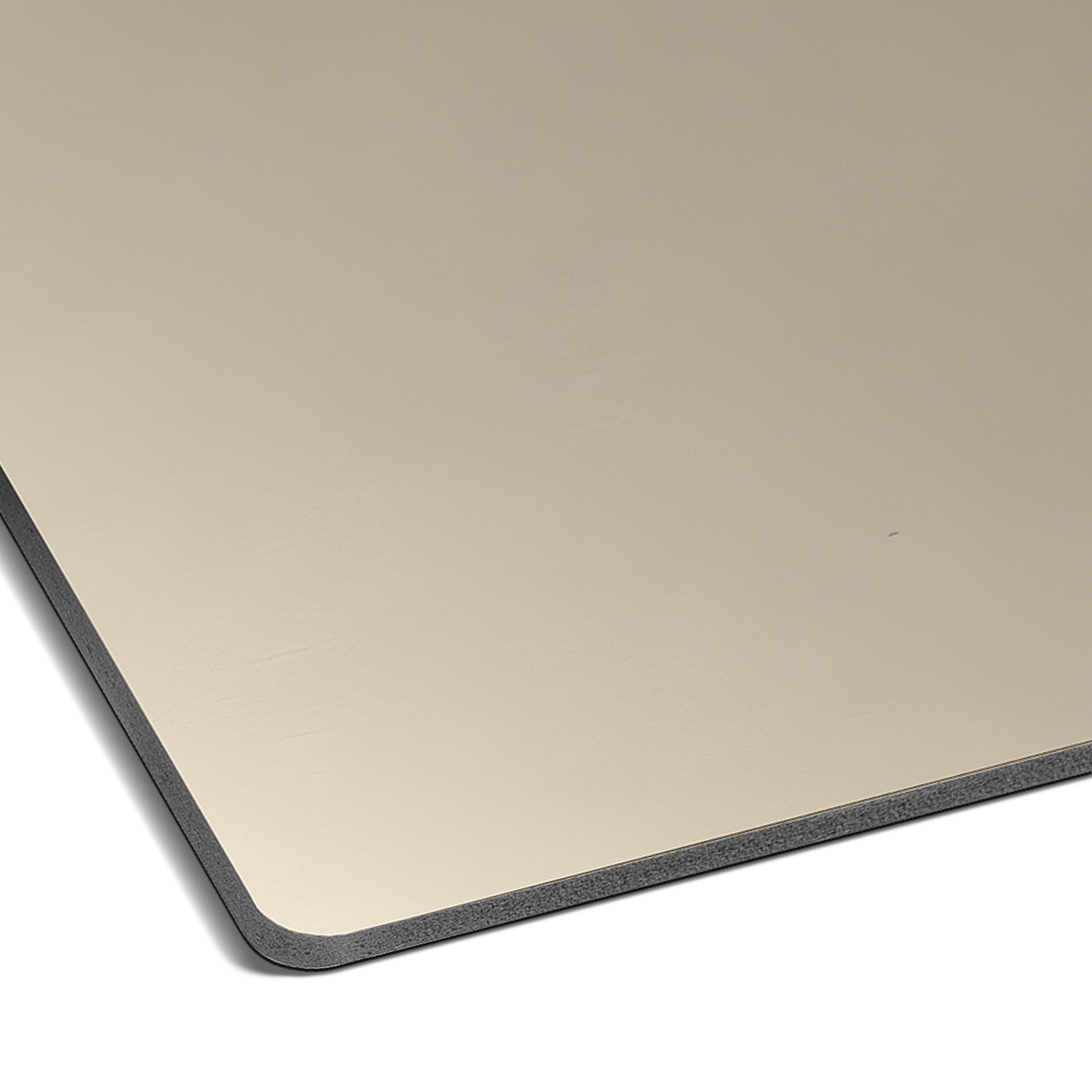 Close-up of the Warm Greige Carbon Sheet by Landmark Decor—a rectangular, metallic sheet with a smooth, reflective finish and gently rounded edges, perfect as a premium wall panel for contemporary interiors.
