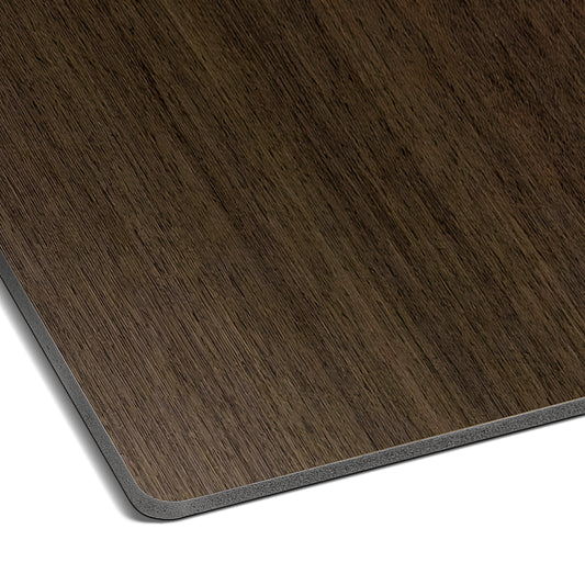 Close-up of Landmark Decor’s Espresso Walnut Carbon Sheet, a rectangular wood laminate with a dark brown finish and beveled edge, showcasing its layered structure—ideal for modern wall panels.