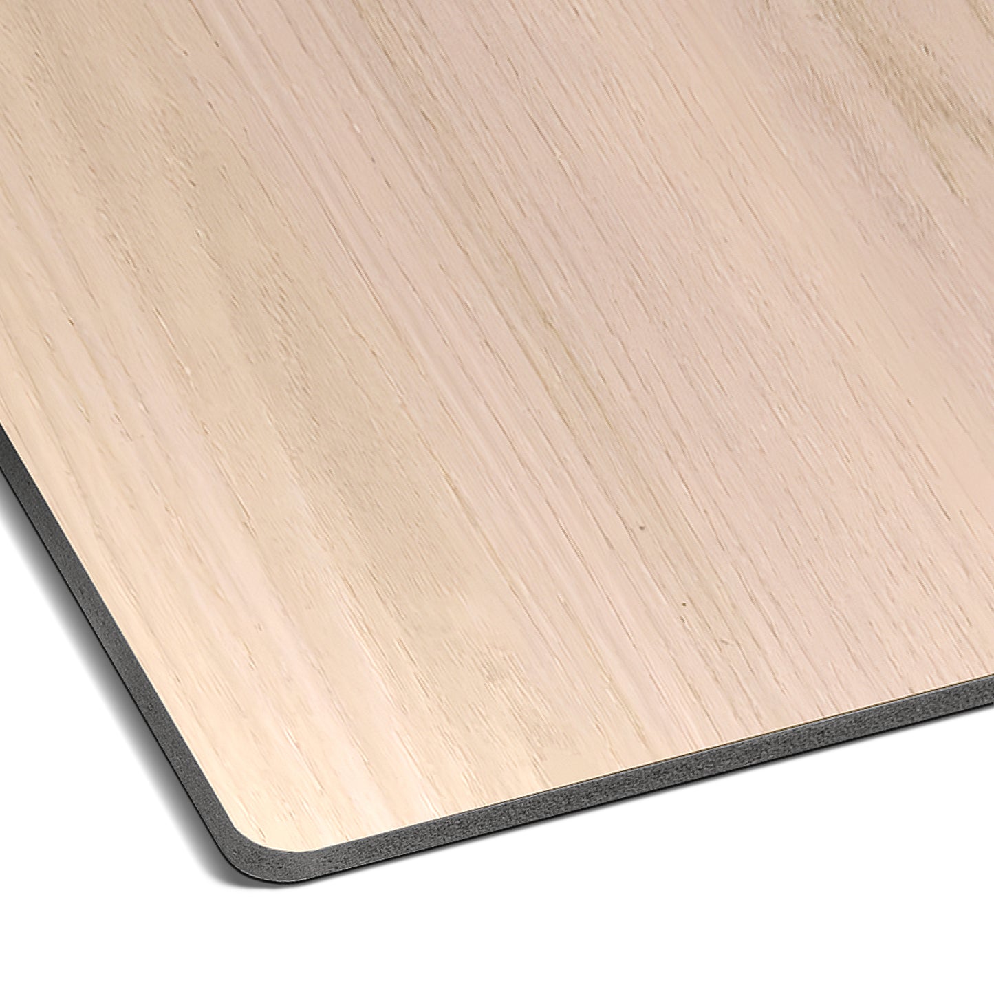Close-up of Landmark Decor’s Bleached Oak Carbon Sheet, a rectangular board with rounded corners, smooth light wood grain surface, and black edge—perfect for modern wall paneling.