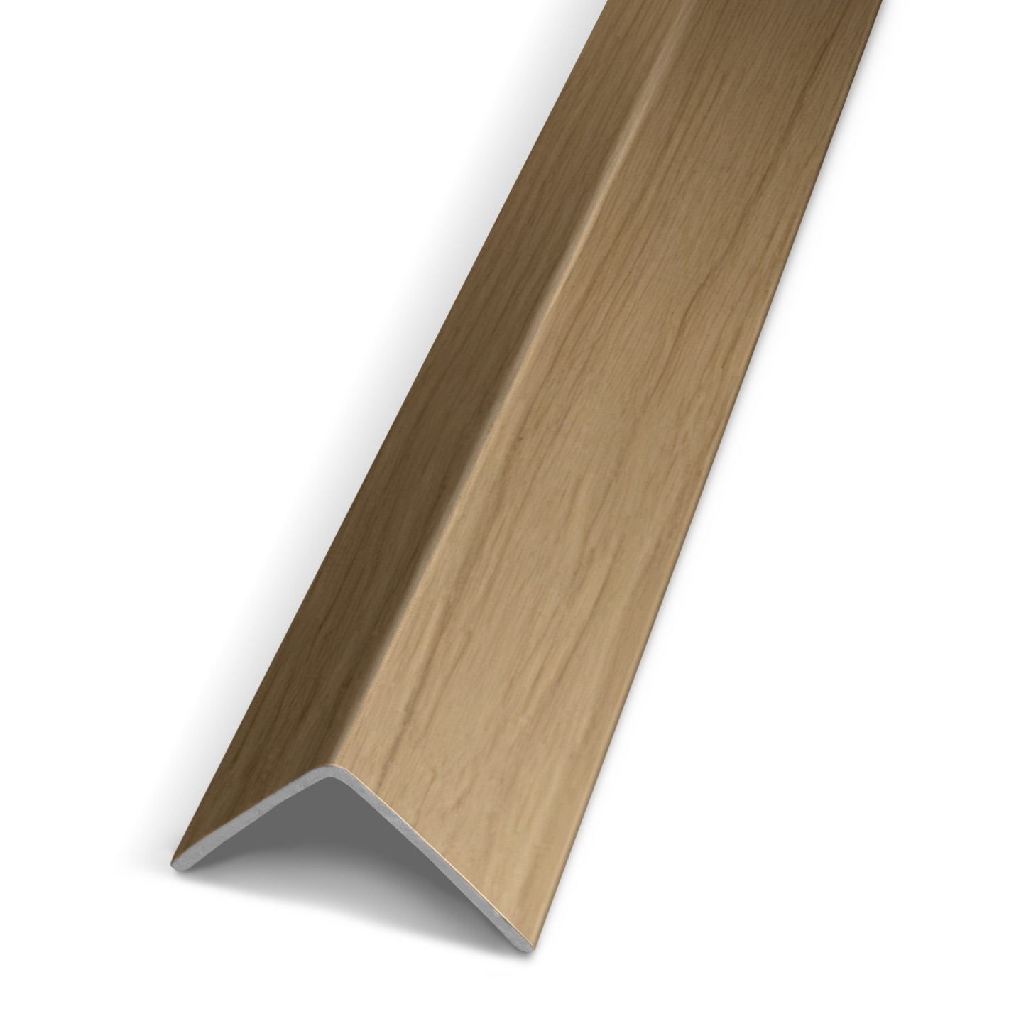 The Landmark Decor Warm Oak Carbon Sheet Corner is an L-shaped trim piece with a wood grain finish, ideal for use with modern wall panels; it is displayed on a white background and viewed at an angle.