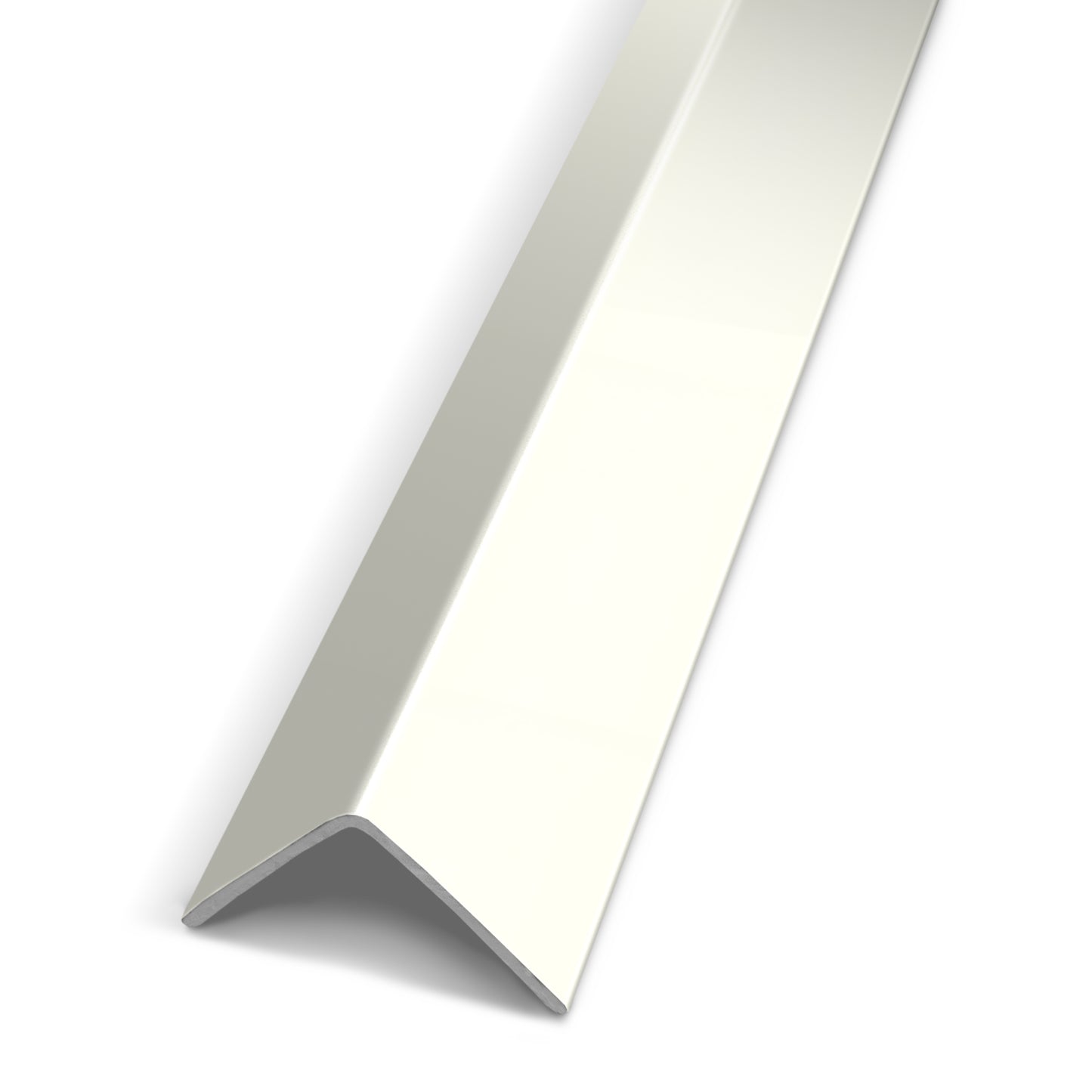 The Landmark Decor Alabaster White Carbon Sheet Corner, an L-shaped metal angle bar in a sleek white finish, is displayed diagonally from the lower left to the upper right corner against a plain white background—perfect for supporting modern wall panels or interior wall panels in contemporary spaces.