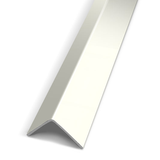 The Landmark Decor Alabaster White Carbon Sheet Corner, an L-shaped metal angle bar in a sleek white finish, is displayed diagonally from the lower left to the upper right corner against a plain white background—perfect for supporting modern wall panels or interior wall panels in contemporary spaces.