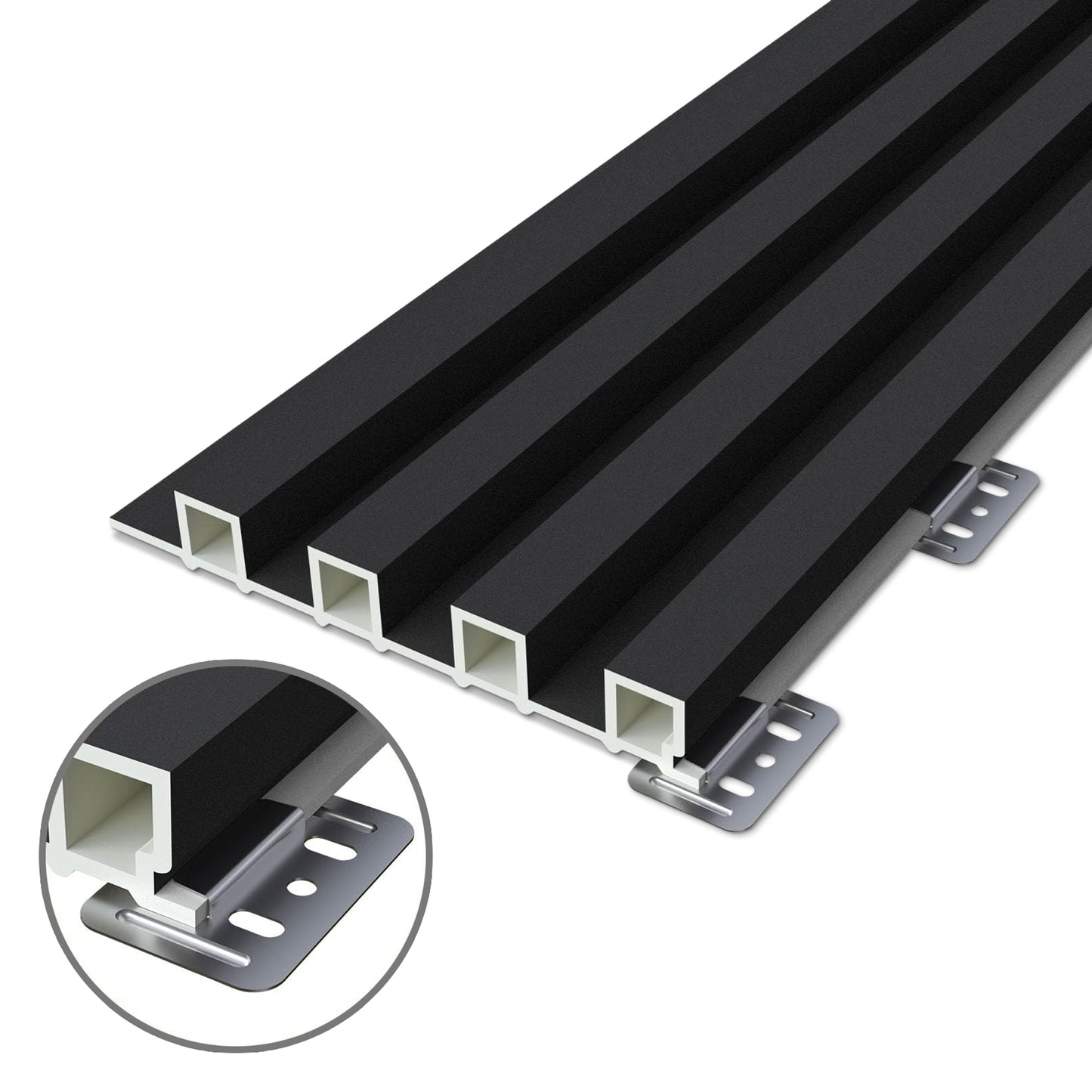 Landmark Decor Interior WPC Panel Clips, shown in detail in a circular inset at the bottom left, provide secure fastening for reliable wall panel installation of black rectangular slatted panels.