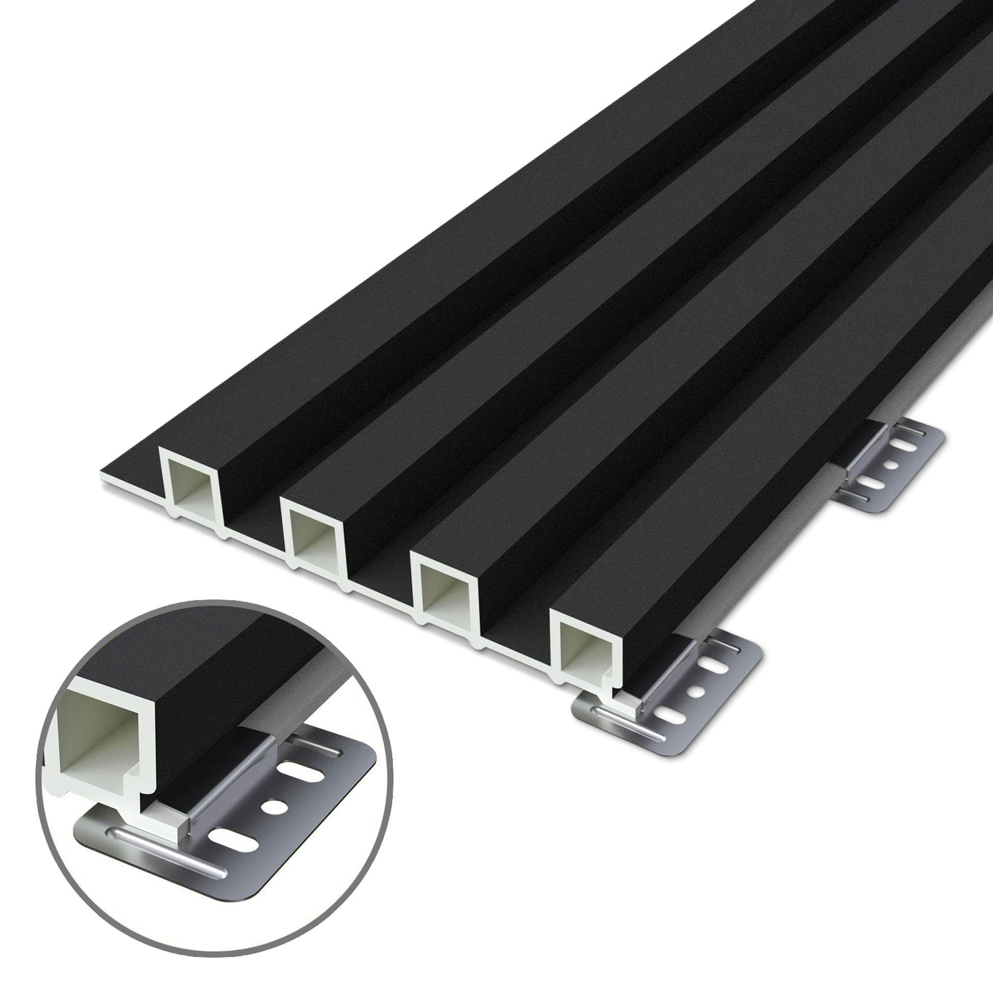 Landmark Decor Interior WPC Panel Clips, shown in detail in a circular inset at the bottom left, provide secure fastening for reliable wall panel installation of black rectangular slatted panels.