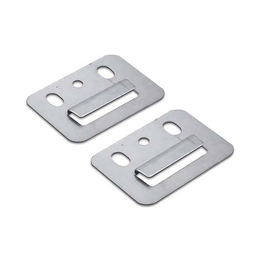 Two Landmark Decor Interior WPC Panel Clips—rectangular metal mounting brackets with slotted holes and raised clips for secure fastening—are placed on a white background.