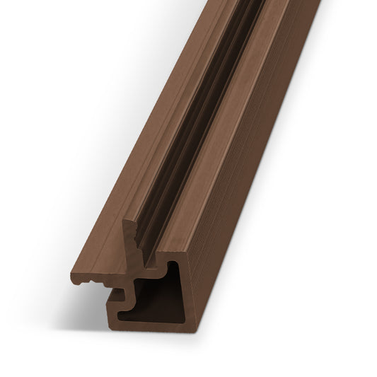 Burnt Caramel Exterior Panel End Piece by Landmark Decor, featuring a brown, grooved, L-shaped design made from plastic or composite material, shown angled on a white background. Perfect as an end piece for WPC wall panel installations on exterior walls.