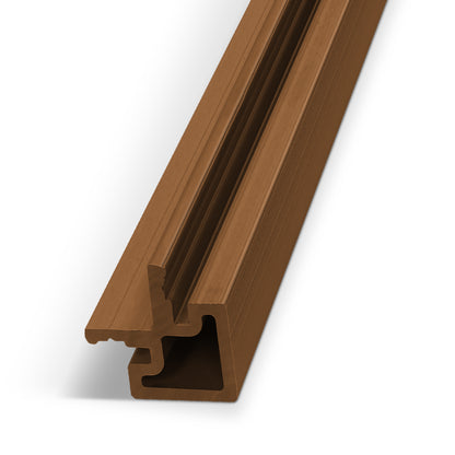 Charcoal Ash Exterior Panel End Piece by Landmark Decor: An L-shaped structural profile in a brown finish, featuring a central groove and textured surfaces, designed as an end piece for WPC wall panels on exterior walls, displayed at an angle against a white background.