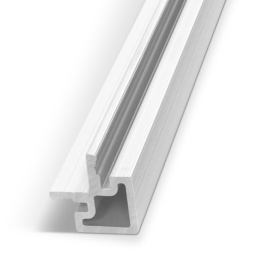 Close-up of the Landmark Decor Arctic Frost Exterior Panel End Piece, featuring an extruded aluminum profile with a slot and angular cutout, designed for use with WPC wall panels, placed on a white background.