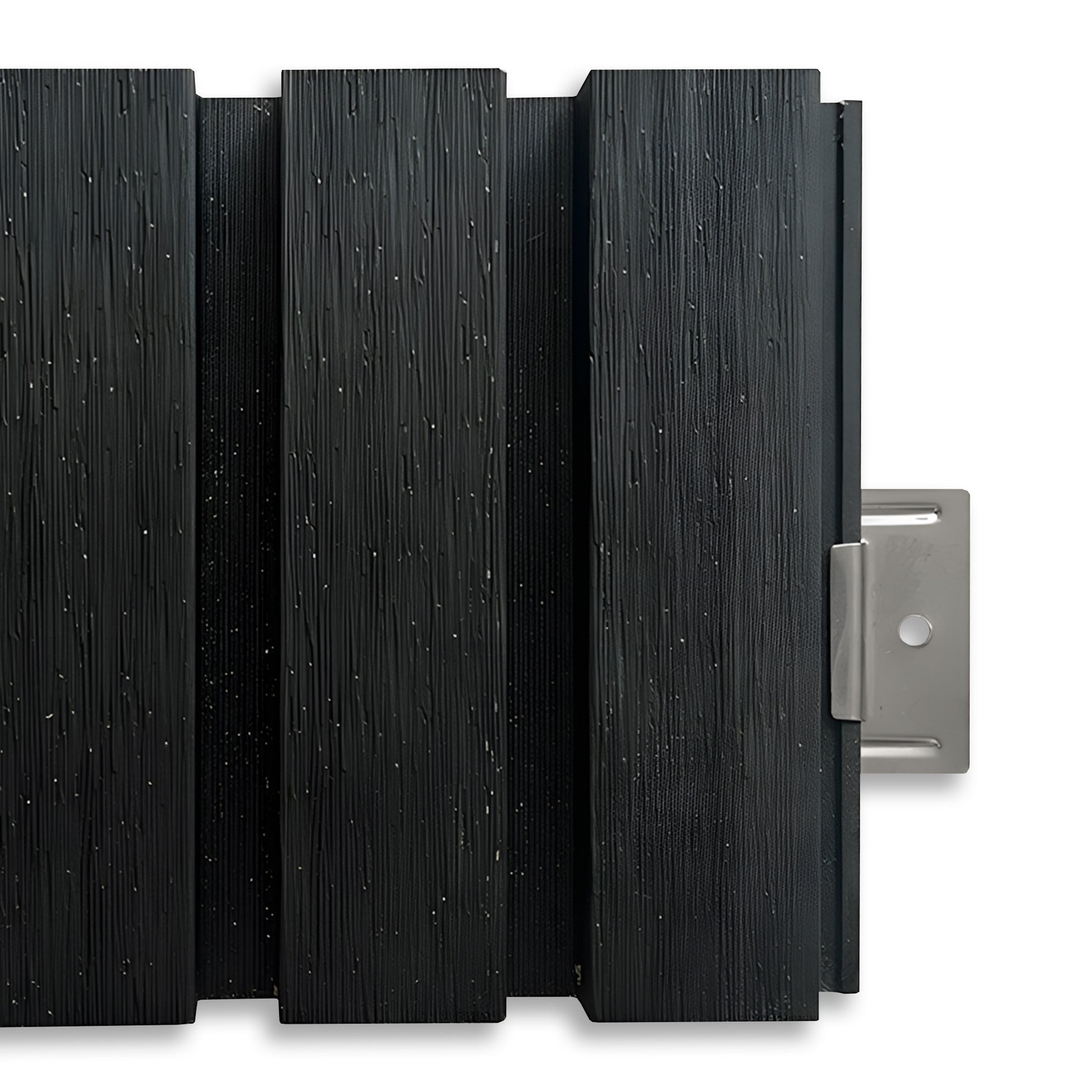 Close-up of Landmark Decor Exterior WPC Panel Clips securing dark textured wall panels, with a visible metal mounting bracket on the right side highlighting reliable installation.