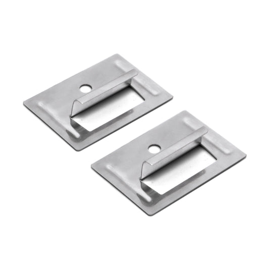Two Landmark Decor Exterior WPC Panel Clips, featuring a central hole and angled tab, are shown side by side on a white background. These metal clips ensure secure fastening during wall panel installation.