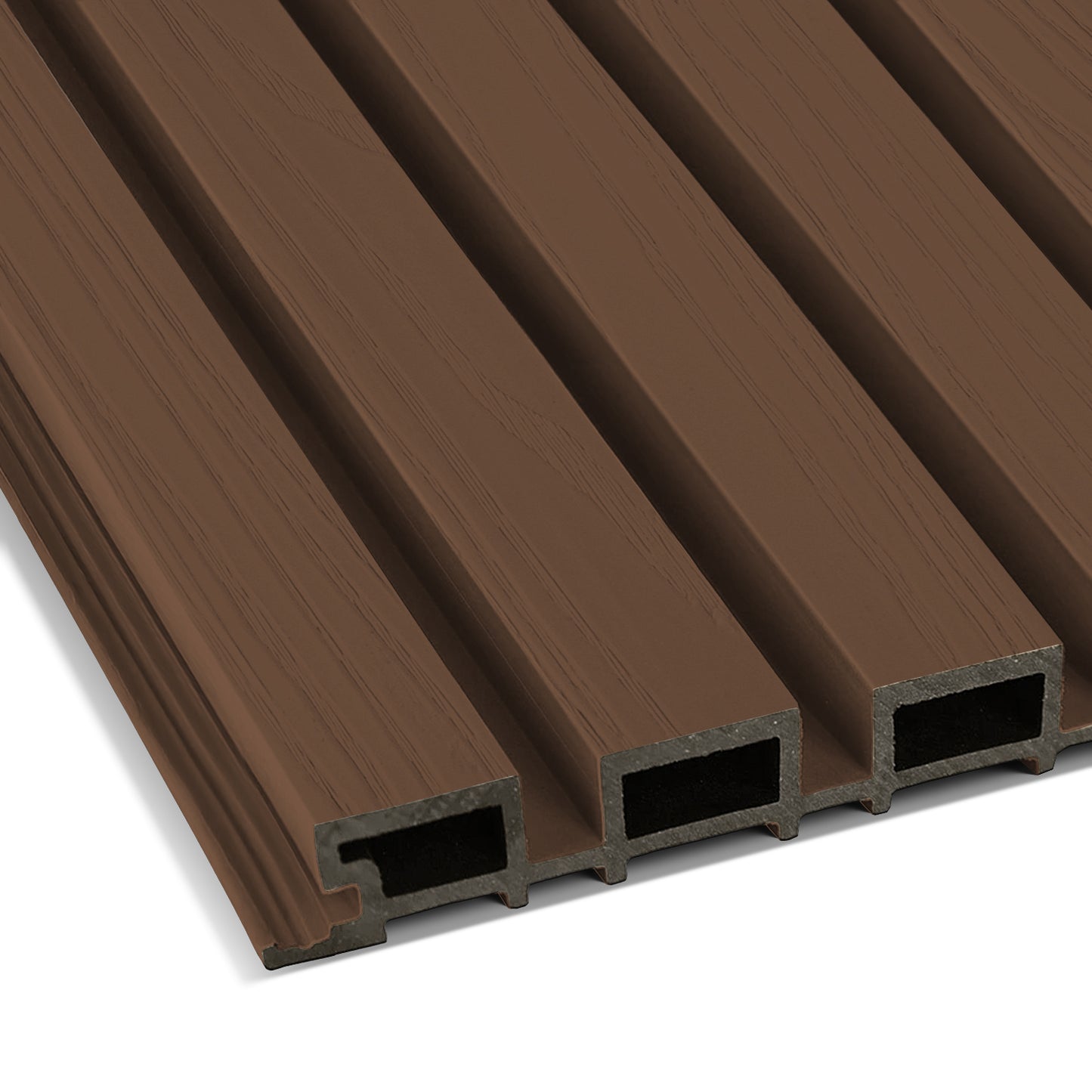 The Landmark Decor Burnt Caramel Exterior WPC Panel features a brown woodgrain finish, hollow rectangular channels, and interlocking edges—ideal as weather-resistant panels for outdoor wall decoration projects.