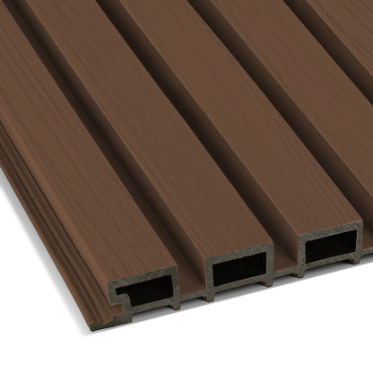 The Landmark Decor Burnt Caramel Exterior WPC Panel features a brown woodgrain finish, hollow rectangular channels, and interlocking edges—ideal as weather-resistant panels for outdoor wall decoration projects.