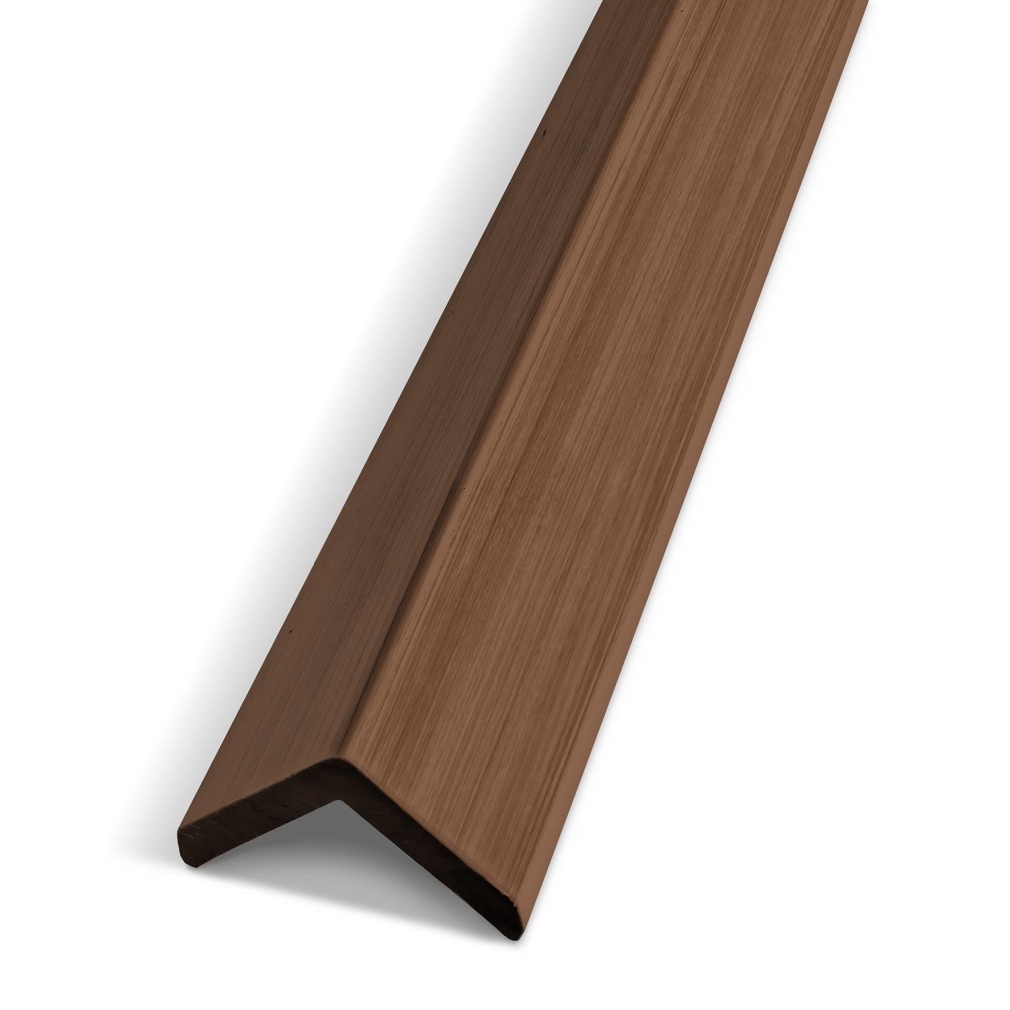 The Landmark Decor Burnt Caramel Exterior Panel Corner is a brown, L-shaped trim for WPC wall panel corners, perfect for outdoor or exterior wall installations, shown on a white background.