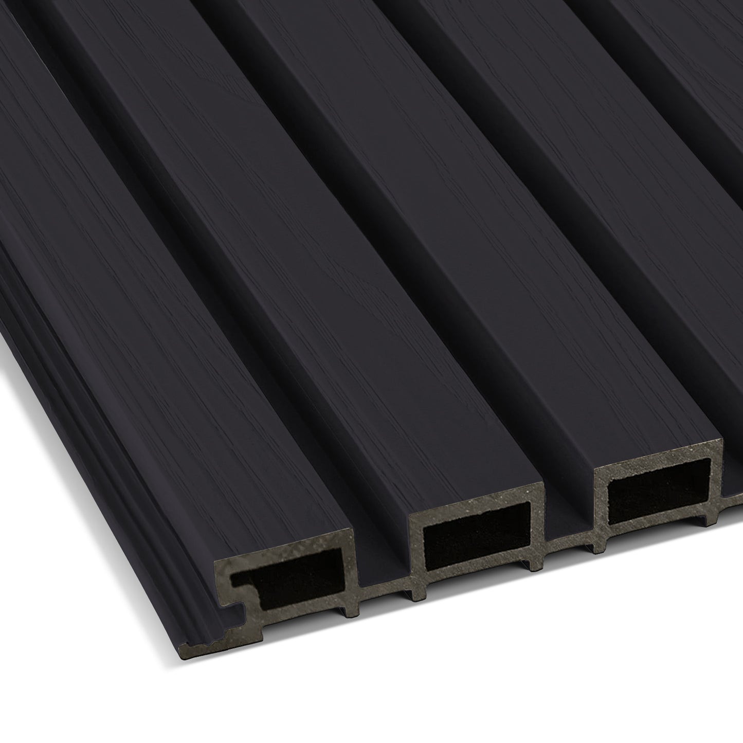 A close-up of the Landmark Decor Charcoal Ash Exterior WPC Panel, a black, grooved rectangular board with hollow channels, perfect for weather-resistant exterior panels or stylish outdoor wall decoration.