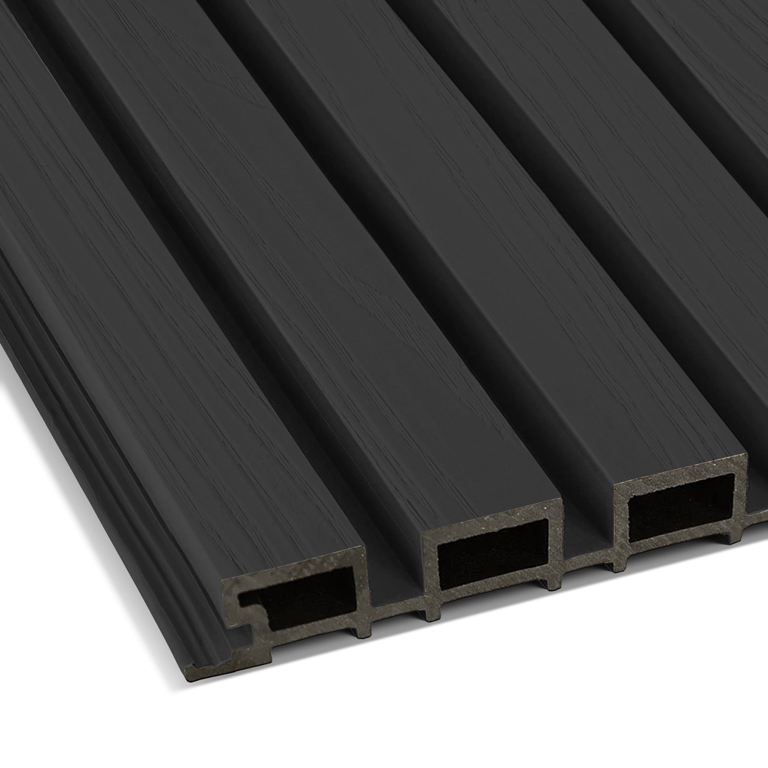 Close-up of Landmark Decor’s Urban Shadow Exterior WPC Panel, a black composite board with wood grain texture and four hollow channels, perfect for weather-resistant outdoor applications.