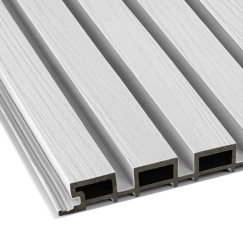 Arctic Frost exterior WPC panels in light gray wood grain