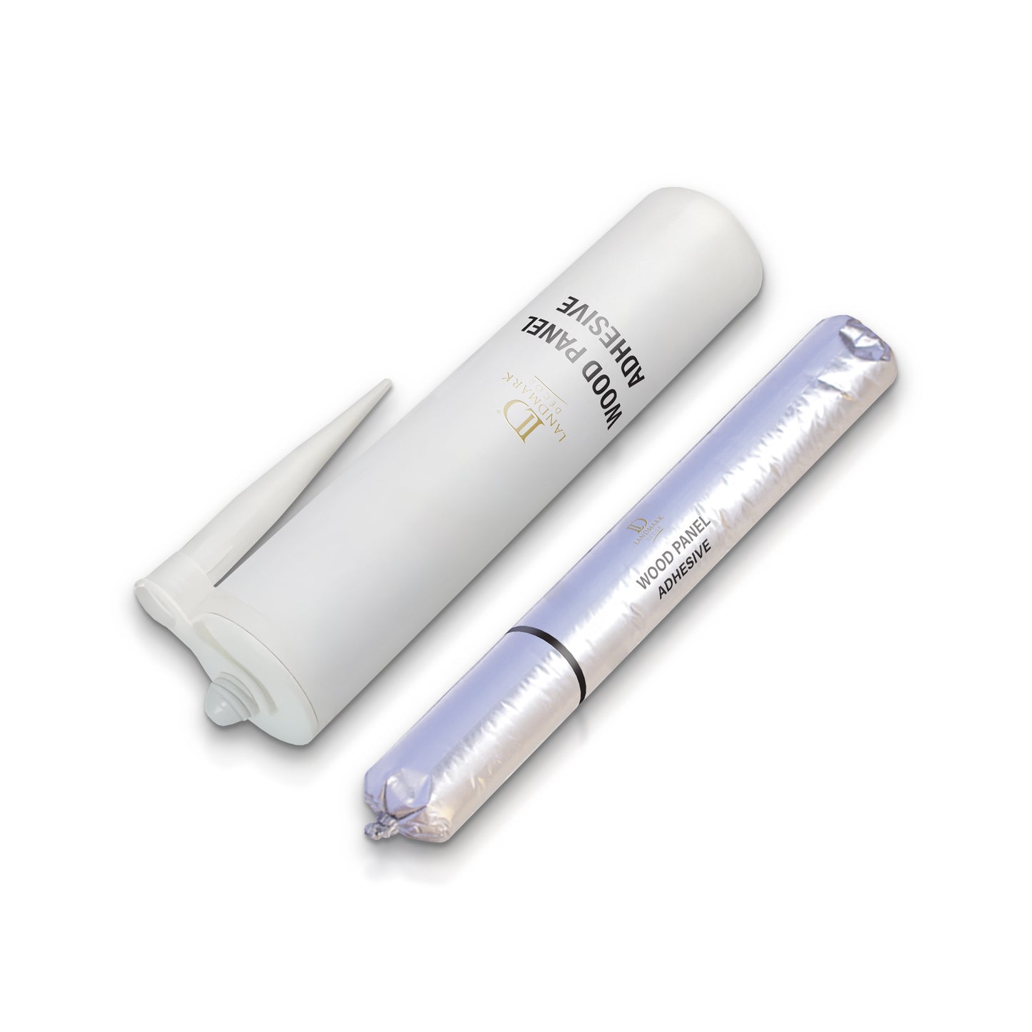 Landmark Decor Wall Panel Installation Adhesive is shown in a tube and foil sausage pack on a white background, perfect for decorative wall panels or any wall panel installation.