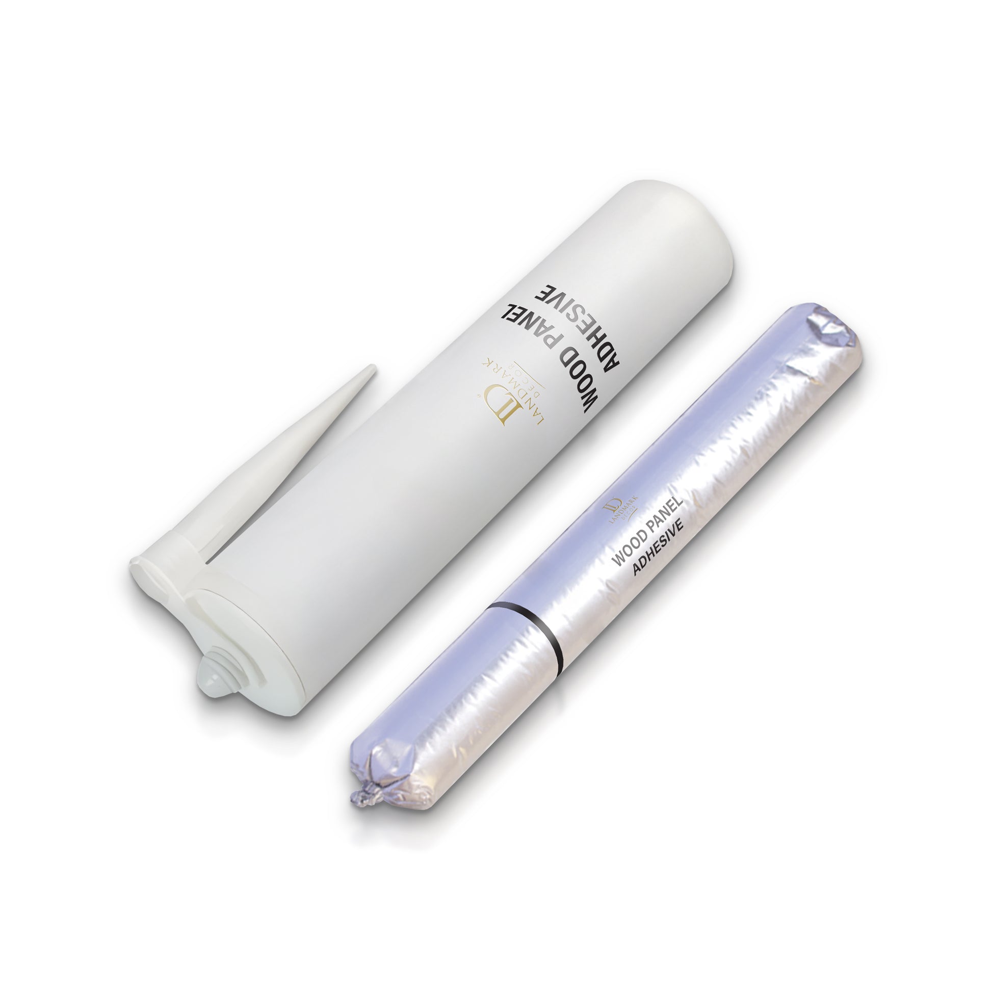 Landmark Decor Wall Panel Installation Adhesive is shown in a tube and foil sausage pack on a white background, perfect for decorative wall panels or any wall panel installation.