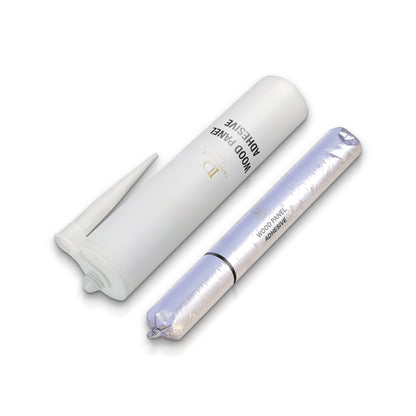 Landmark Decor Wall Panel Installation Adhesive is shown in a tube and foil sausage pack on a white background, perfect for decorative wall panels or any wall panel installation.