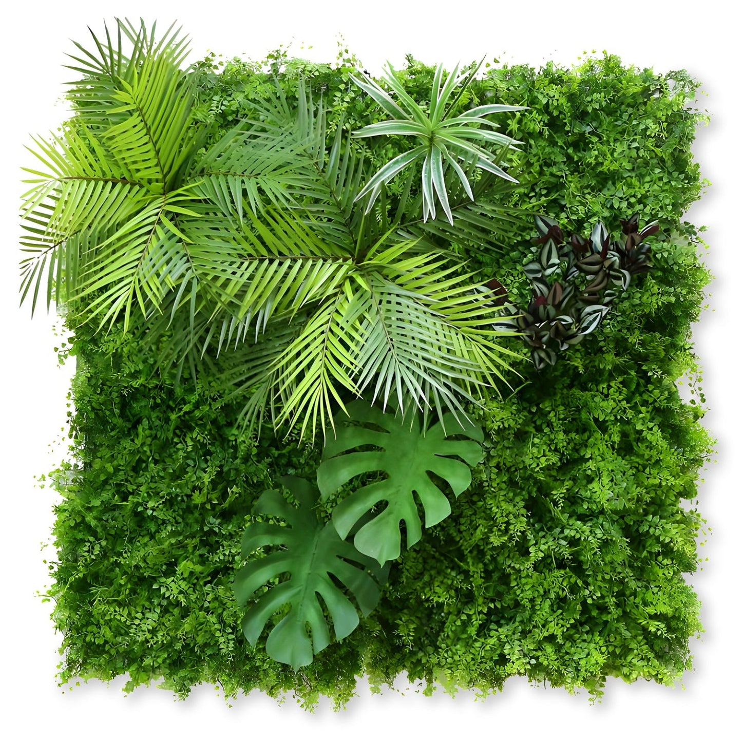 The Landmark Decor Tropical Green Wall features a square display of lush green tropical leaves, grass, and vibrant accents on a white background.