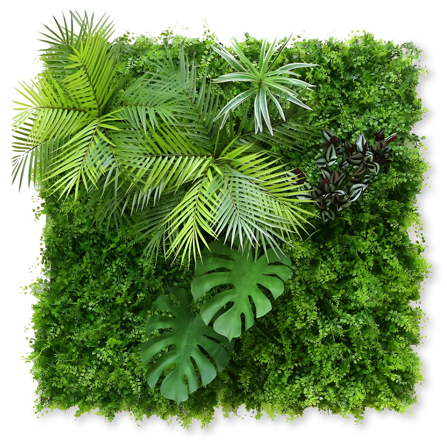 The Landmark Decor Tropical Green Wall features a square display of lush green tropical leaves, grass, and vibrant accents on a white background.