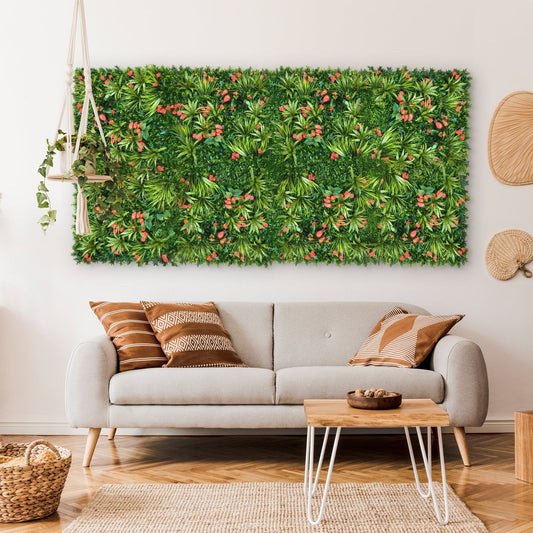A modern living room featuring a light gray sofa, patterned cushions, a wooden coffee table, and the Landmark Decor Tropical Floral Wall with Red Flower Grass accents hanging above the sofa.