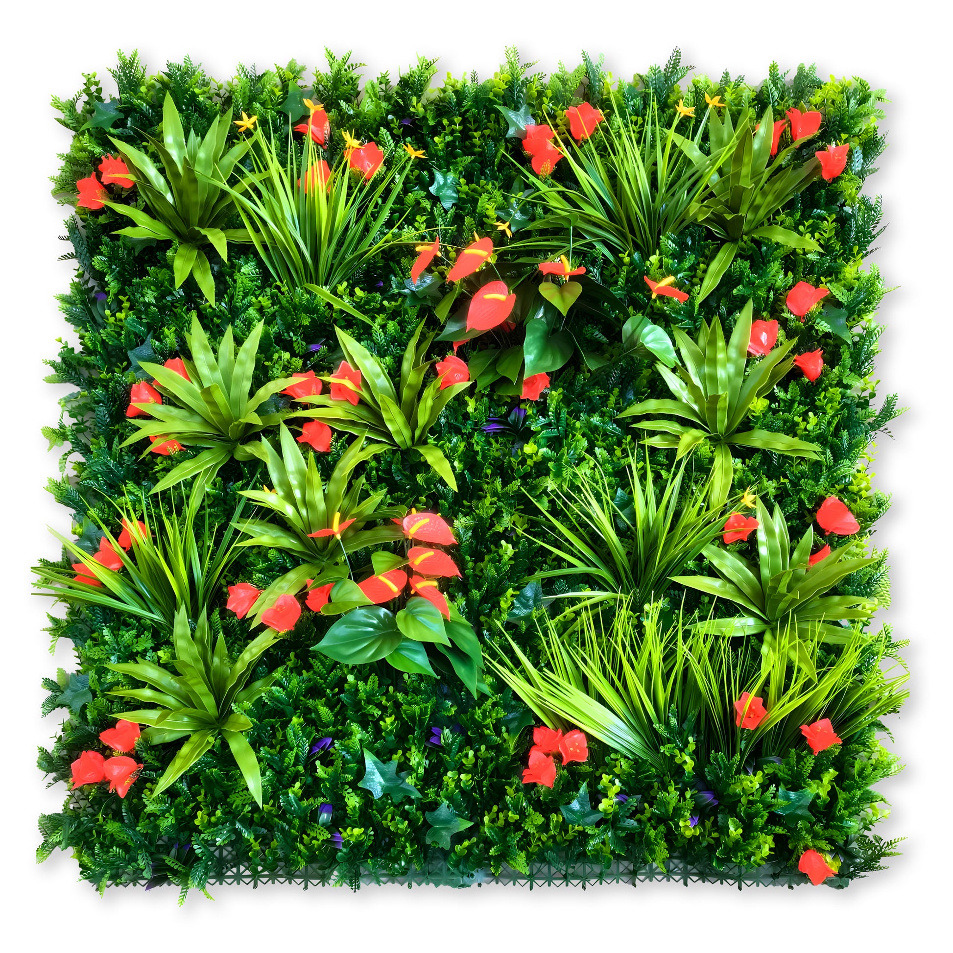 The Landmark Decor Tropical Floral Grass Wall features square panels of artificial green foliage with red and orange flower clusters—ideal for vibrant, decorative wall panels or refreshing any space with lush greenery.