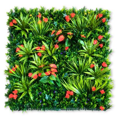 The Landmark Decor Tropical Floral Grass Wall features square panels of artificial green foliage with red and orange flower clusters—ideal for vibrant, decorative wall panels or refreshing any space with lush greenery.