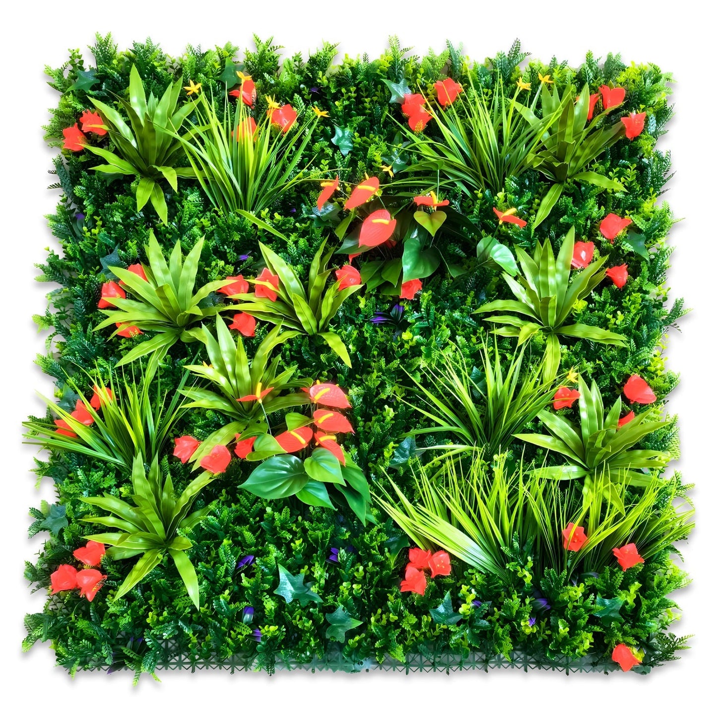 The Tropical Floral Wall by Landmark Decor features a square panel of lush artificial green foliage with Red Flower Grass and assorted leaves, accented by scattered red flowers in a dense, decorative arrangement.